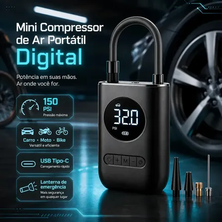 Compressor De Ar Digital Mini Portátil Recarregável Usb-c Para Pneus De Bicicleta Moto Carro Bolas