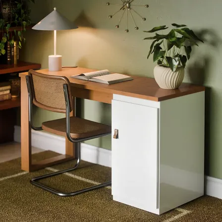 Mesa Escrivaninha Home Office Paris P/ Pc Computador Com 1 Porta E Puxador De Couro Para Escritório