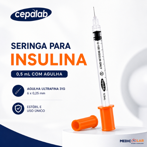 Seringa para Insulina 0,5mL 50UI com Agulha Fixa Ultrafina 6 x 0,25mm (31G) | Cepalab