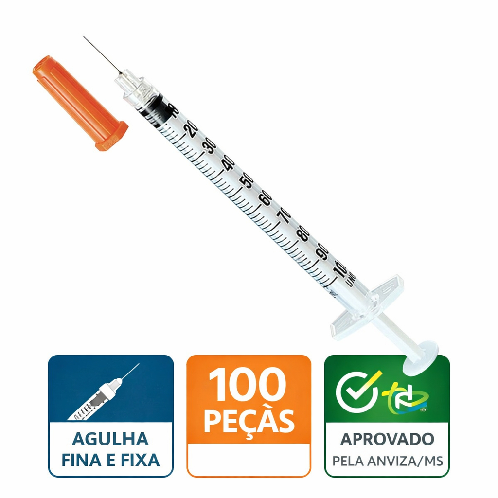 Seringa De Insulina Fina e Fixa Zero Resíduo 10, 20, 50 ou 100 Unidades 8mmx30mm 1ML 100Ui