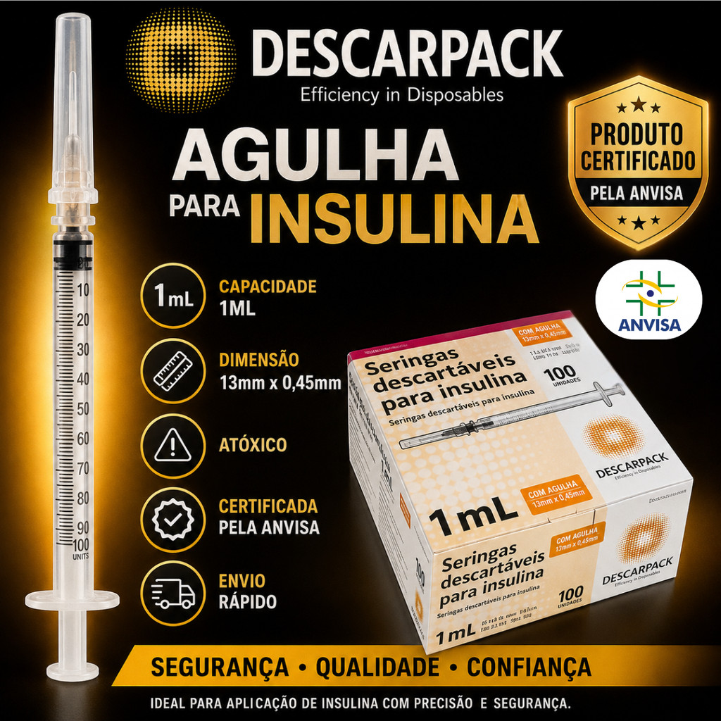 Seringa Insulina DESCARPACK - 13mmx0,45mm 1ml Capacidade Em Volume 1 Ml