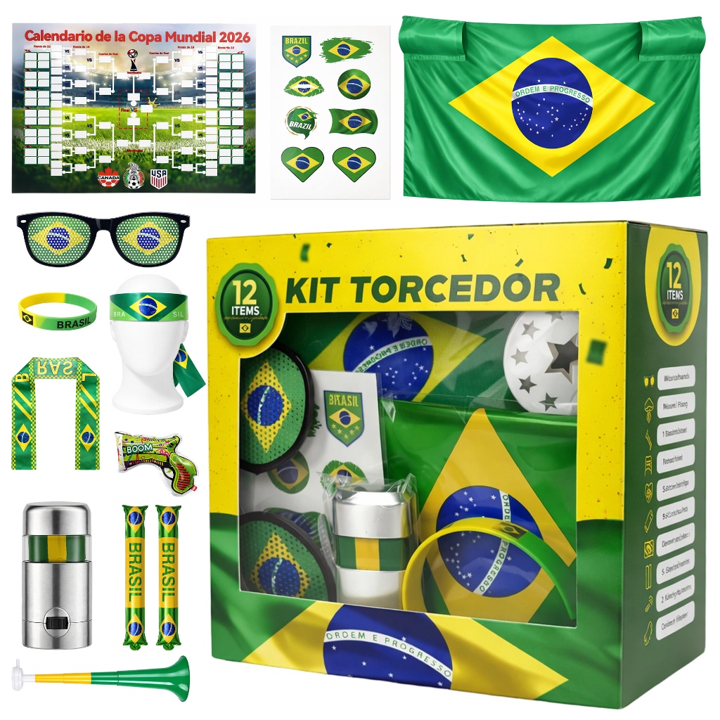 Copa Do Mundo Combo Kit Torcedor Brasil Kit 12 peças  Bandeira  Para Copa 2026  Adesivo Trompete