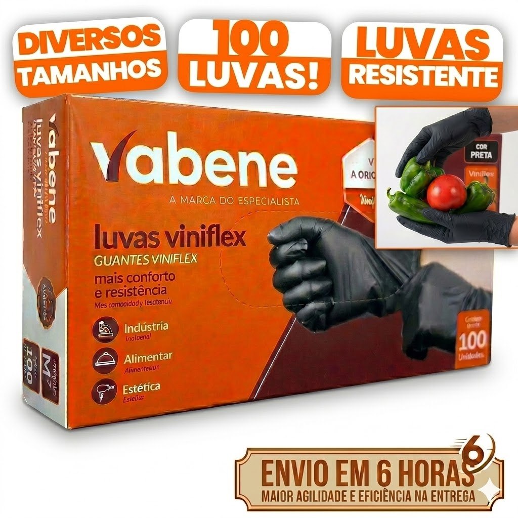 Luvas Descartáveis Viniflex Sem Pó Preta C/ 50/100 Un Resistente Barbearia Nails Jardinagem