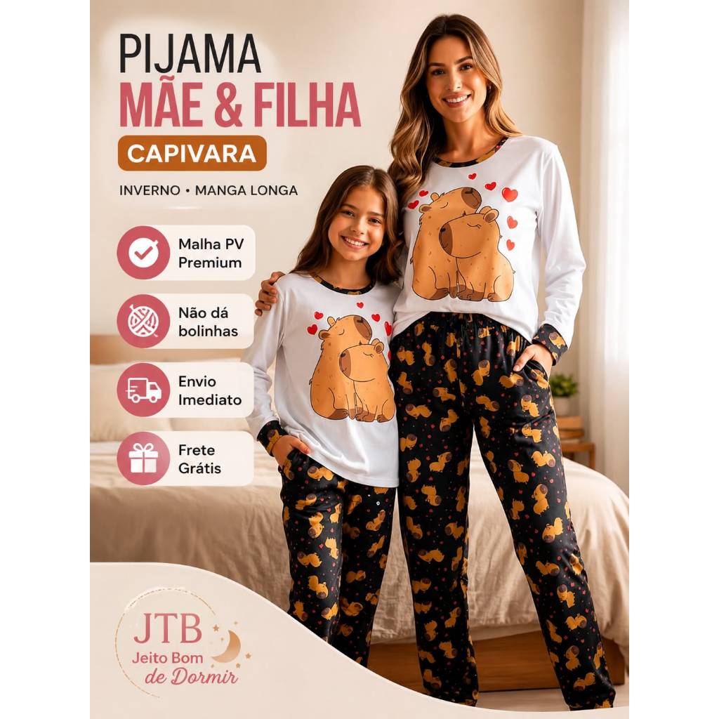 Kit 2 Pijamas Malha Premium Mae e Filha Capivara Inverno Blusa Manga Longa Conforto