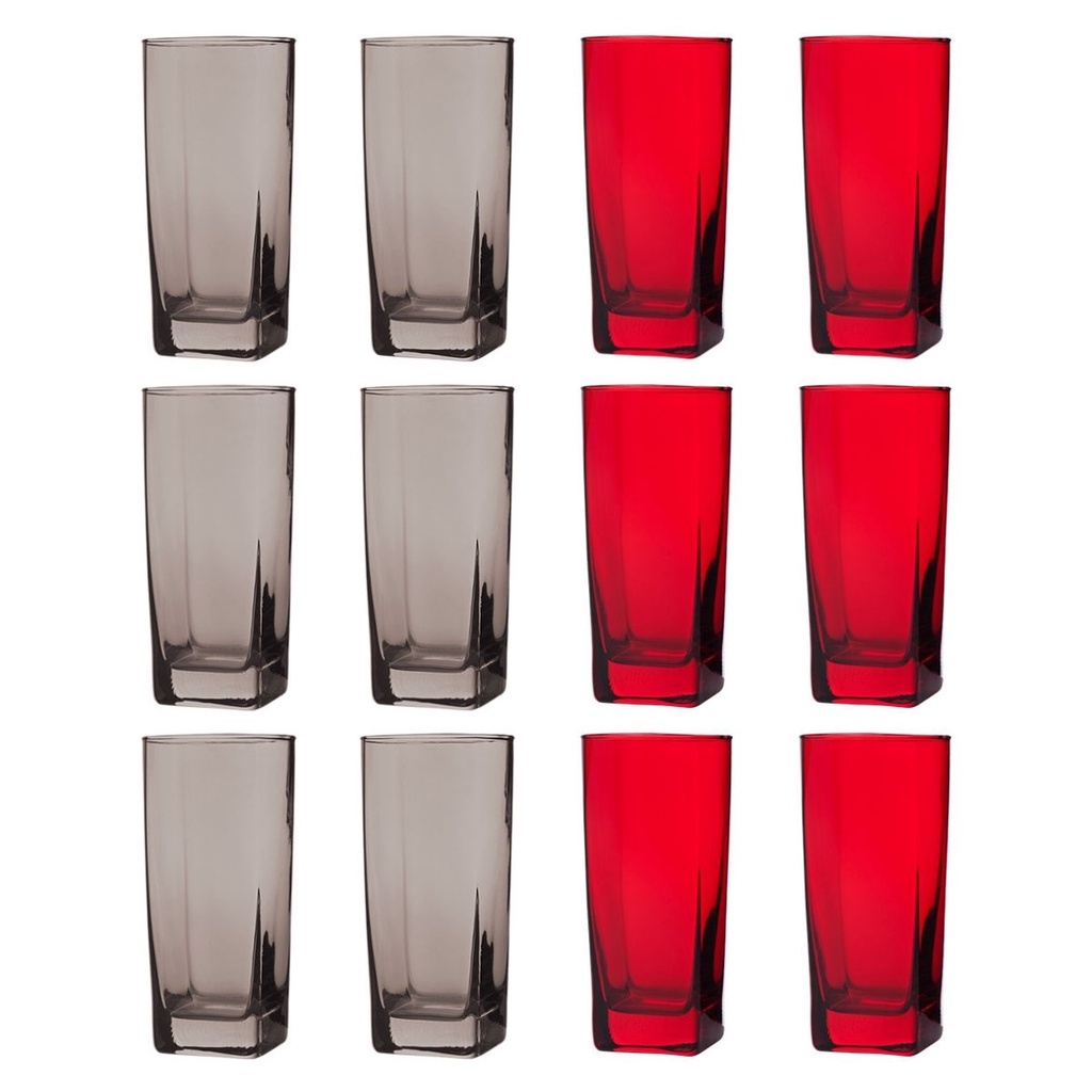 12 Copos de 320ml 6x Cinza 6x Vermelho Texas Vidro Quadrado