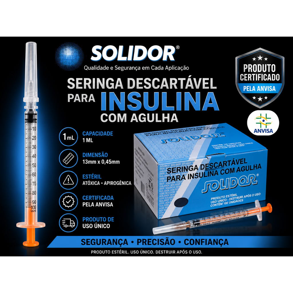 Seringa Insulina 1ml Agulha 13x0,45mm Acoplada Solidor