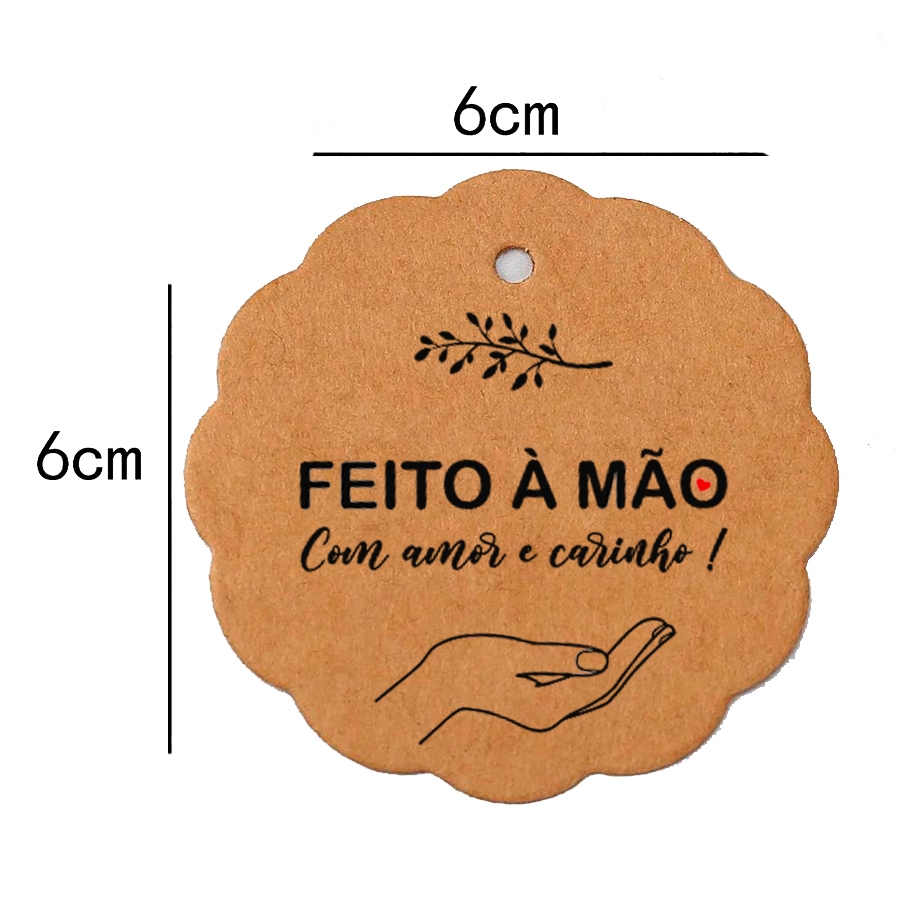Tags de Papel kraft Impresso com a Frase Feito À Mão - com fio de juta - 6x6 cm