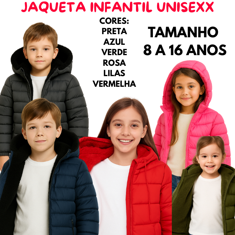 Jaqueta Infantil Juvenil Puffer Forrada Pelúcia COM Capuz BLUSA DE Frio 4 a 18 ANOS UNISEXX