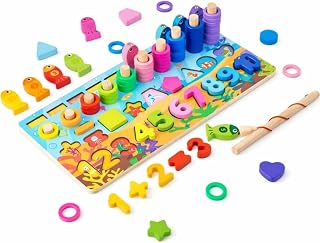 Brinquedo Educativo Montessori 6 em 1 Com 96 Peças Madeira Números Formas Pesca Magnética