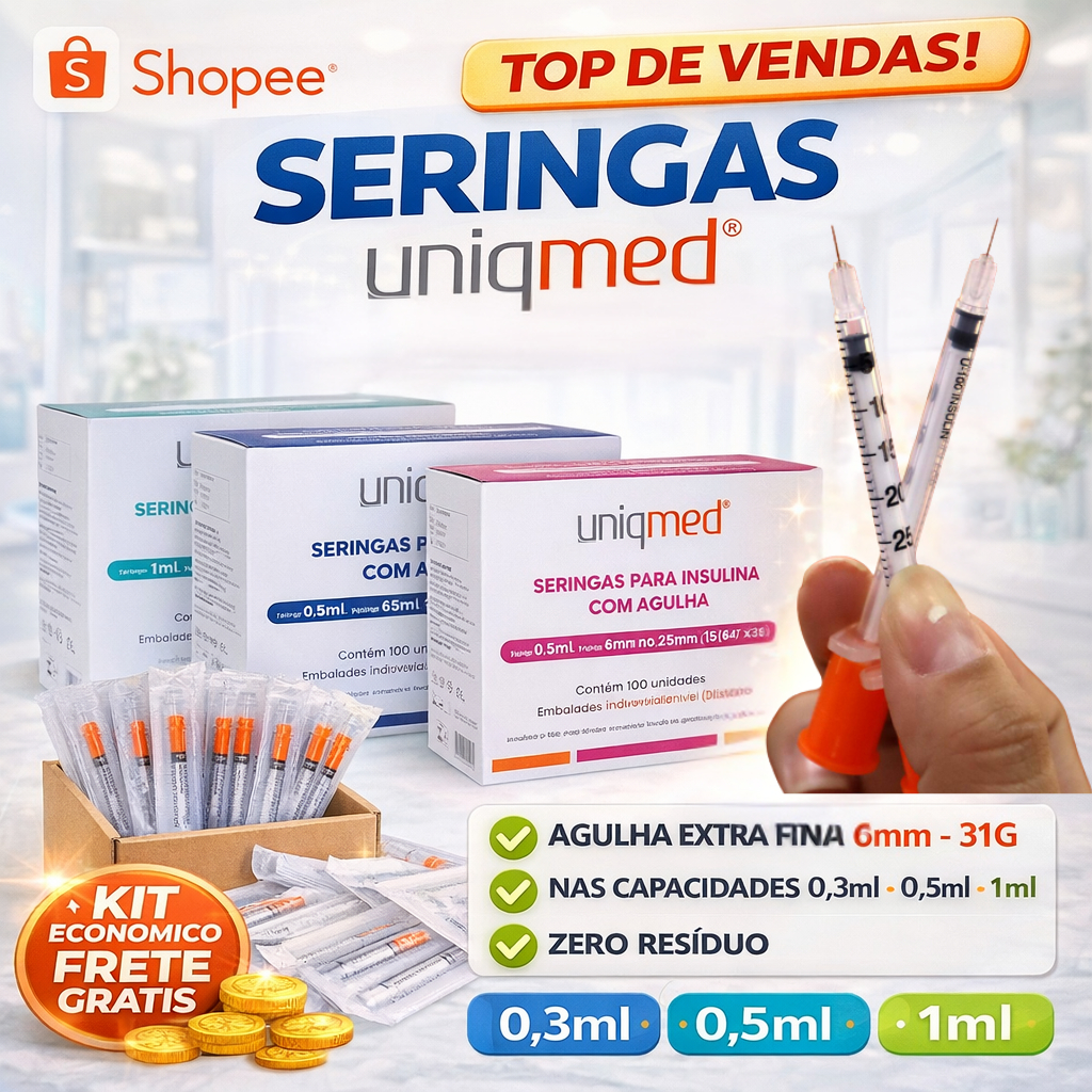 Seringa Insulina 0,3ml , 0,5ml e 1ml -  Agulha Extra Fina 6x0,25mm 31G - Emb. Individual - Uniqmed