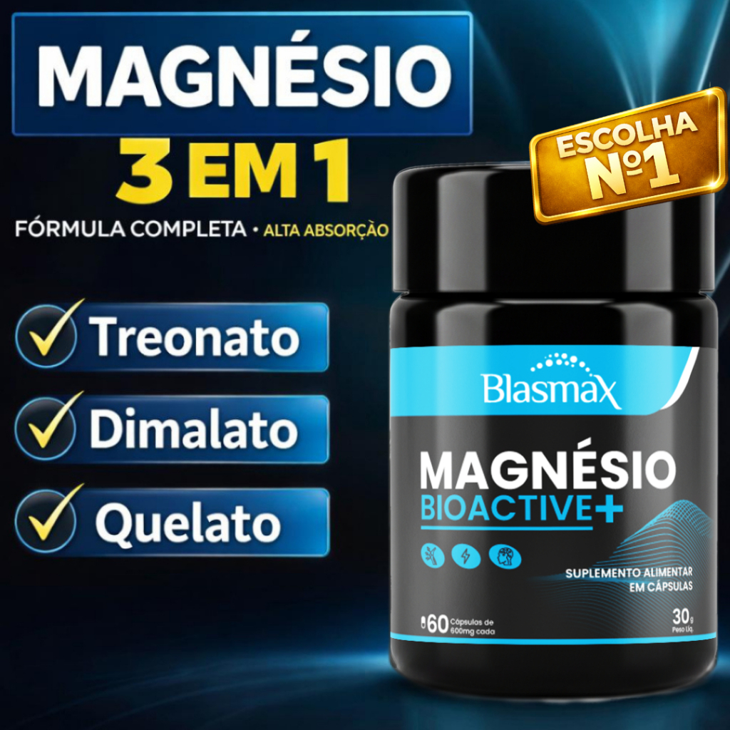 Magnésio 3 em 1 | Treonato + Dimalato + Quelato | Energia, Sono e Relaxamento – 60 Cápsulas Blasmax