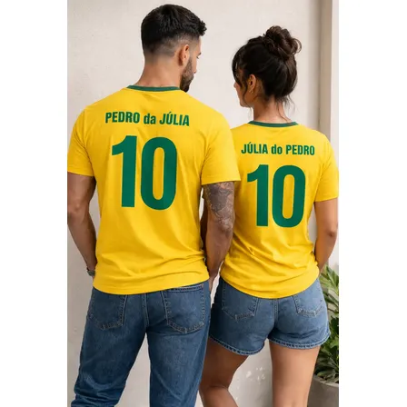 Kit 2 Camisetas Personalizadas Casal Brasil Nome E Número Amarelo Bandeira Desfocada G