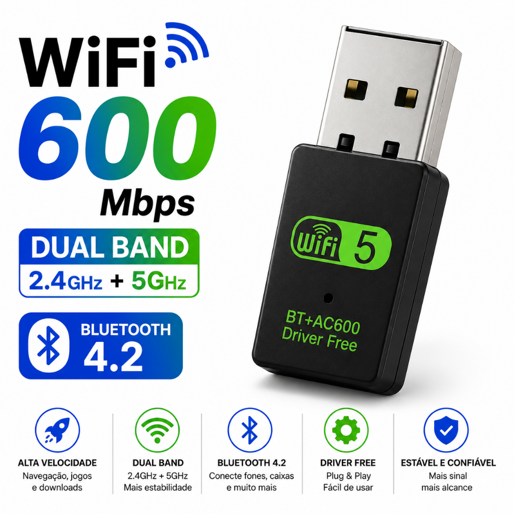 Adaptador WiFi USB 600Mbps Dual Band 2.4G 5GHz Bluetooth 4.2 para PC Notebook Windows