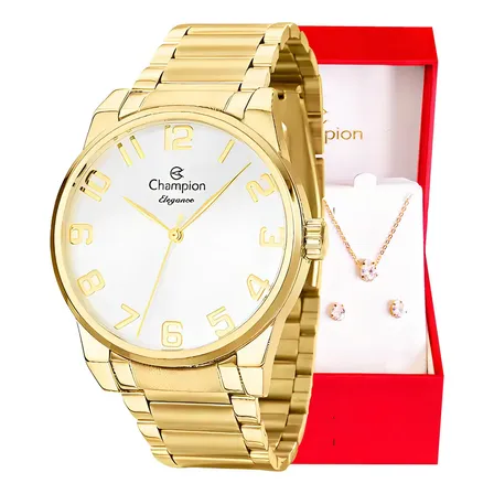 Kit Relógio Feminino Champion Dourado Cn27652w Analógico Prova D´agua 50m Com Colar E Brincos Branco