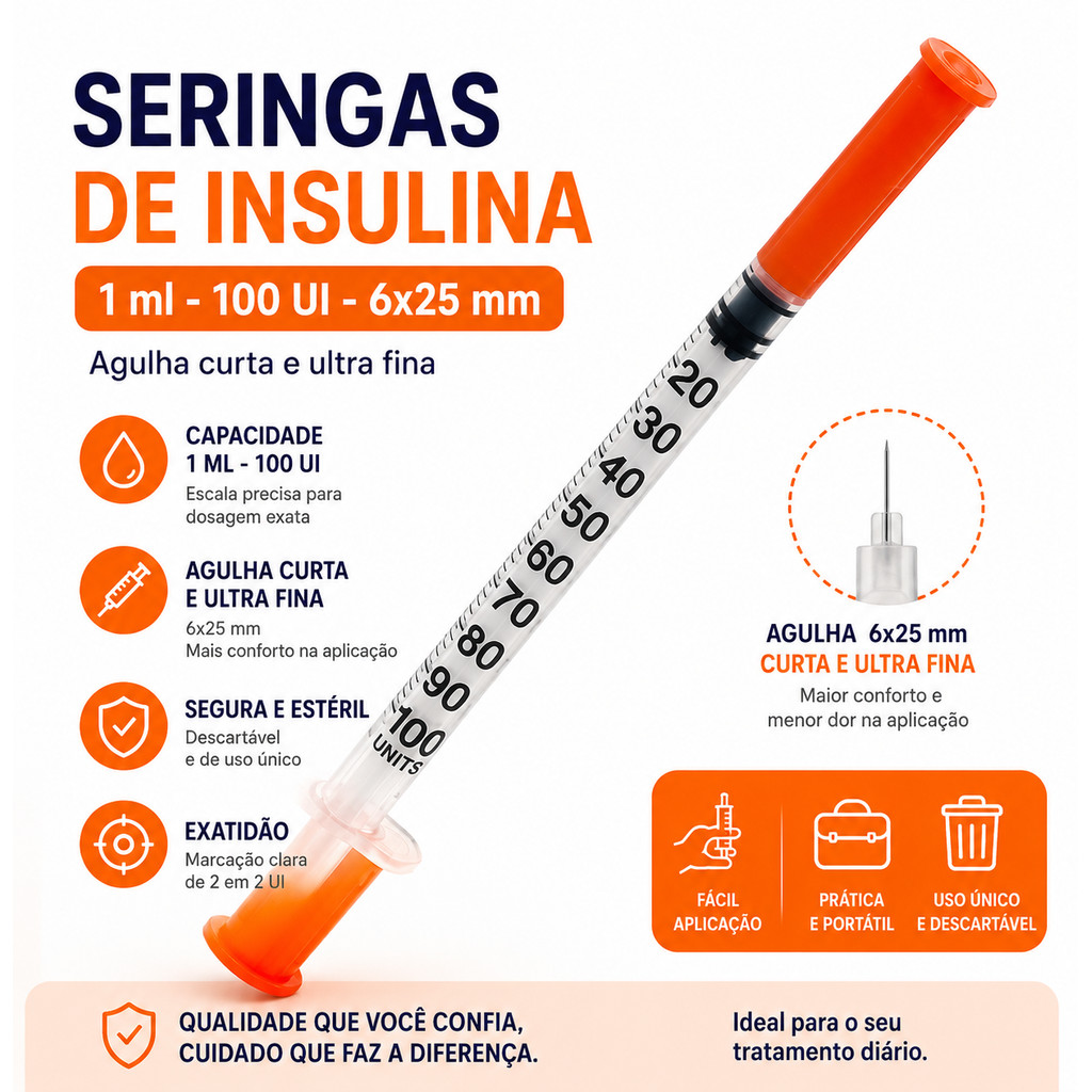 Seringa de Insulina 1ml 100UI com Agulha Fixa 6 x 0,25 mm - Curta e  Ultra Fina