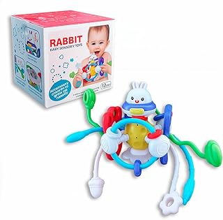Brinquedo Sensorial Bebê Coelho Interativo 15cm Múltiplas Atividades Puxar Apertar Girar Mordedor