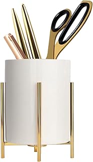 Copo de lápis dourado Moldura de metal resistente com suporte de caneta de cerâmica branca para