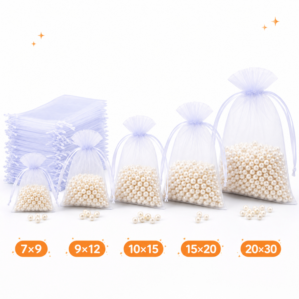 Kit 10/20/50/100 Saco Organza Branco 7x9 9x12 10x15 20x30cm Saquinho Tule Lembrancinha Joia Aniversário Maternidade