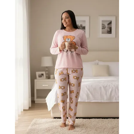 Pijamas De Frio Camisa E Calça De Malha Atacado Promoção Urso Rosa G 42/44