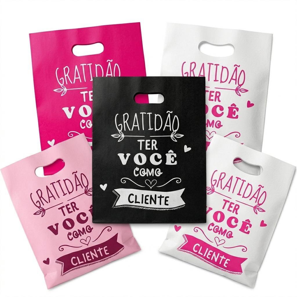 50 Unidades de Sacola Boca de Palhaço Personalizada com Frase Gratidão Ter Você Como Cliente