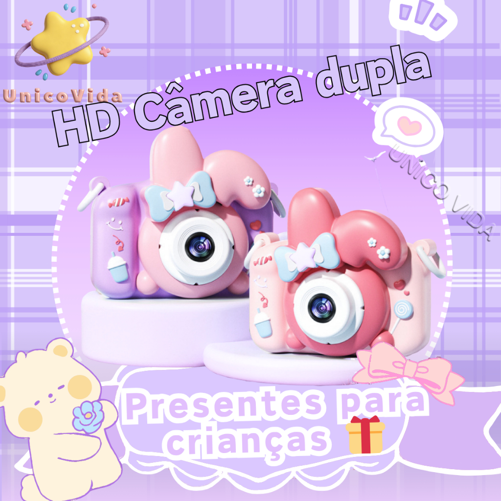 【Tira Foto De Verdade】Nova Câmera Infantil HD com Dupla Câmera Frontal e Traseira Câmera Mini Recarregáv