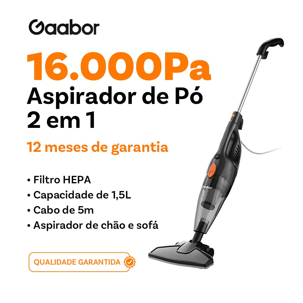 Gaabor Aspirador de pó portátil 2 em 1 com fio e haste de pressão sucção forte de 16000Pa dust off