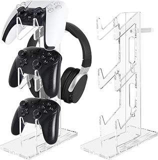 FYY Game Controller Holder 3 Tiers - Universal Dual Stand and Headphone Holder, Acrylic Clear Display Compatible With Nintendo Switch, Xbox, PS5, PS4 - Desk Mounts for Controllers