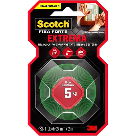 Fita Dupla Face Scotch 3M, 24mm x 2m Fixa Forte, Fixação Extrema