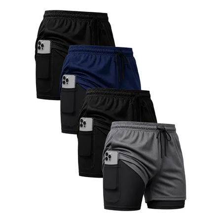Kit 4 Shorts 2 Em 1 Duplo Bolso Para Academia Treino Corrida Preto/cinza/azul-marinho Lisa M