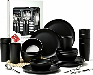 Conjunto de 24 peças de louça preto fosco, tigelas e copos, pratos inquebráveis para 8, utensílios