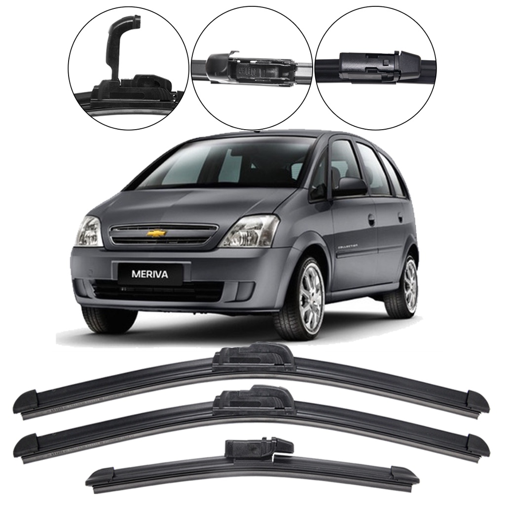 Kit 3 Palhetas Limpador Parabrisa Dianteiro + Traseiro Para Carro GM Meriva 2004 até 2012