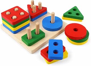 Brinquedo Educativo Montessori de Madeira Pedagógico Sensorial Formas Geométricas Didáticas Multicoloridas Encaixe Infantil e Cores Empilháveis