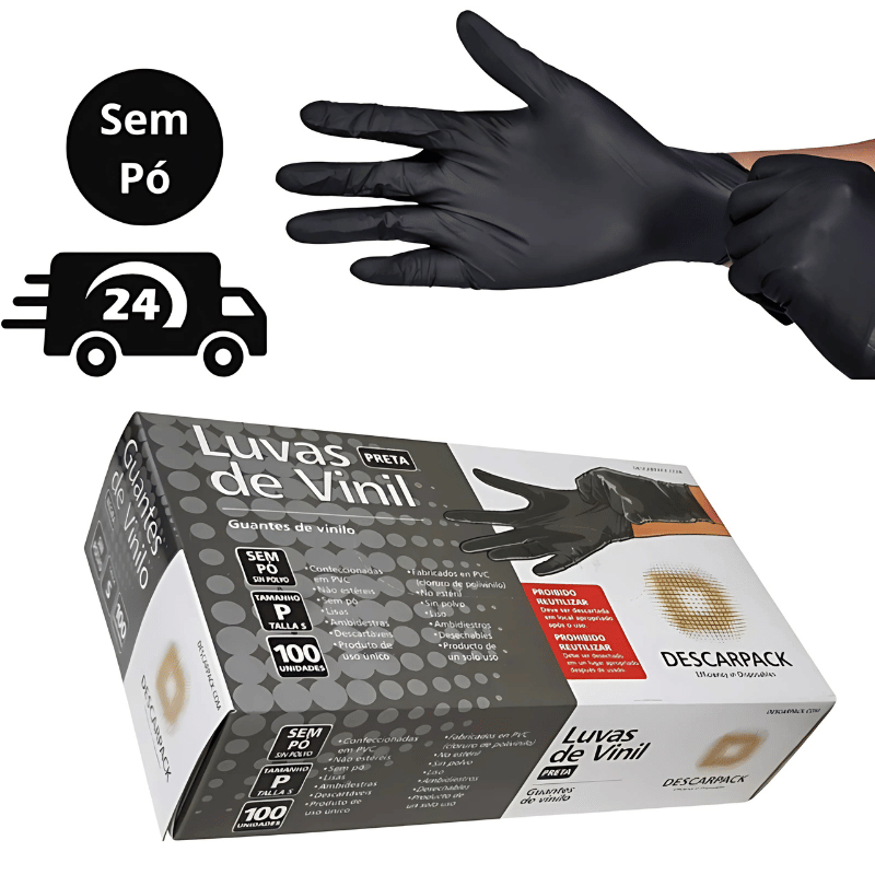 Luva Vinil Preta Descartável Sem Pó Resistente 100 Unidades